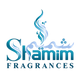 The logo for Shamim Fragrances, featuring stylized blue and white wave-like lettering with a decorative flame or steam motif above the wordmark, on a plain white background.