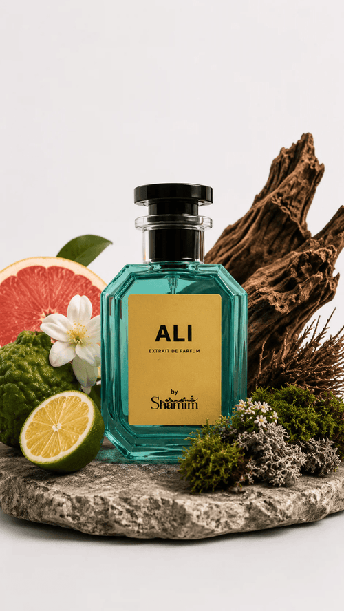 A faceted teal glass perfume bottle with a black cap and a gold label reading 'ALI' and 'by Saintri' is styled on a stone slab with citrus slices, a white flower, moss, and driftwood against a clean white background.