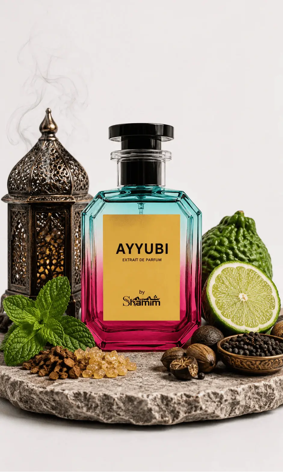 A faceted glass perfume bottle with a black cap, featuring a yellow label that reads 'AYYUBI EXTRAIT DE PARFUM' and 'by Shammim'. The bottle has a blue-to-pink gradient.