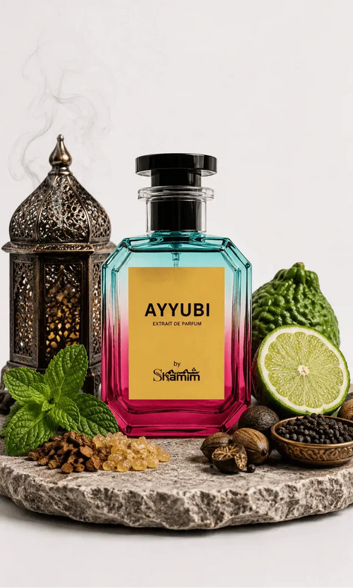 A faceted glass perfume bottle with a black cap, featuring a yellow label that reads 'AYYUBI EXTRAIT DE PARFUM' and 'by Shammim'. The bottle has a blue-to-pink gradient.