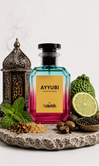 A faceted glass perfume bottle with a black cap, featuring a yellow label that reads 'AYYUBI EXTRAIT DE PARFUM' and 'by Shammim'. The bottle has a blue-to-pink gradient.