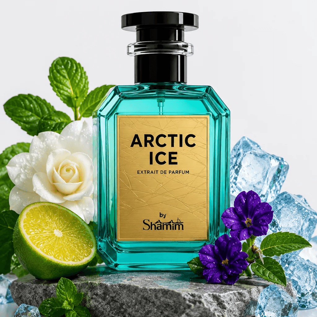 A bottle of Shamm Arctic Ice Extrait de Parfum centered on a gray stone slab, surrounded by mint leaves, a white rose, purple flowers, a lime half, and clear ice cubes against a clean white background.