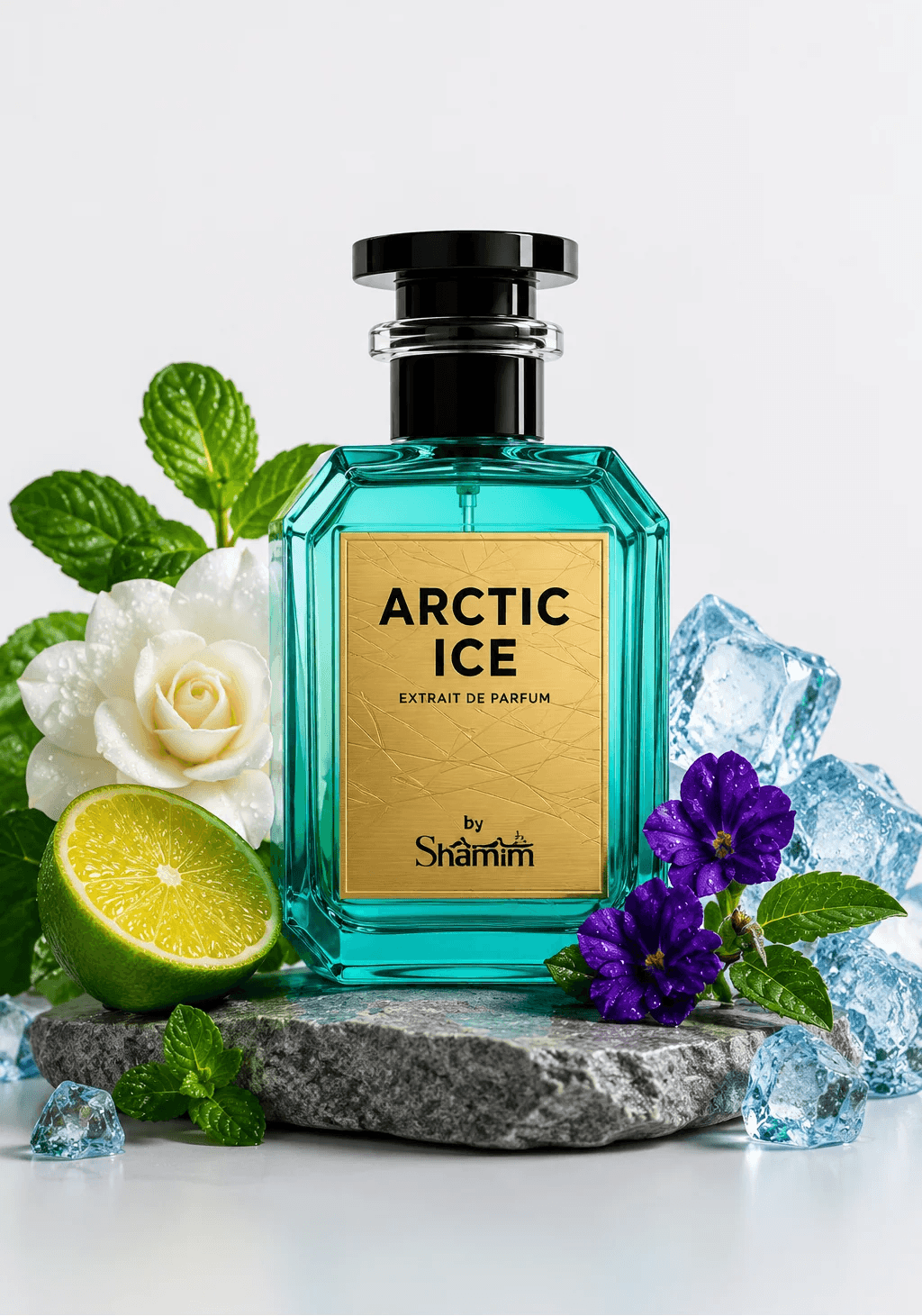 A bottle of Shamm Arctic Ice Extrait de Parfum centered on a gray stone slab, surrounded by mint leaves, a white rose, purple flowers, a lime half, and clear ice cubes against a clean white background.