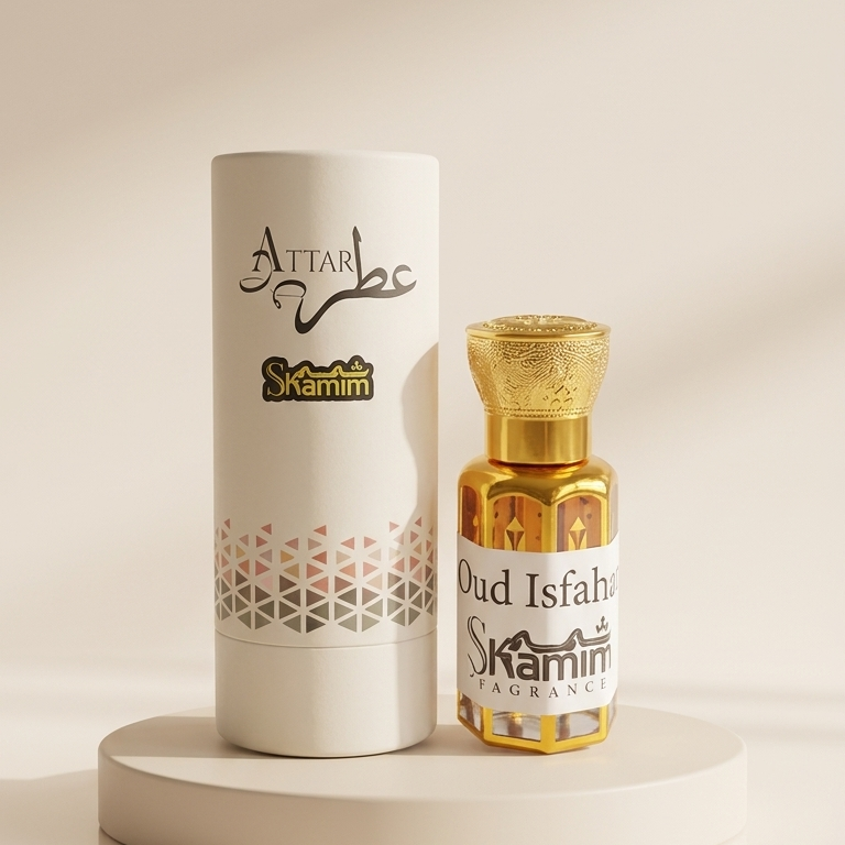 A bottle of Attar Skamim oud perfume next to its white cylindrical packaging box, displayed on a round beige pedestal against a warm beige background.