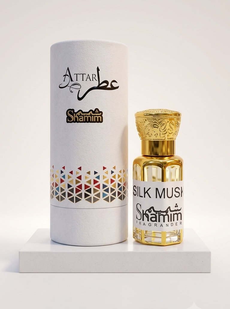 A bottle of Attar Shammim Silk Mushroom fragrance next to its white cylindrical packaging box, displayed on a white pedestal against a light beige background.