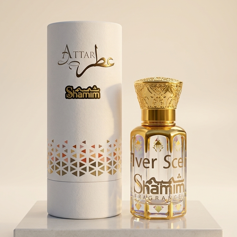 A bottle of Attal Shamim Silver Scent perfume next to its white cylindrical packaging box, both featuring gold lettering and patterns, displayed on a light gray marble block against a warm beige background.