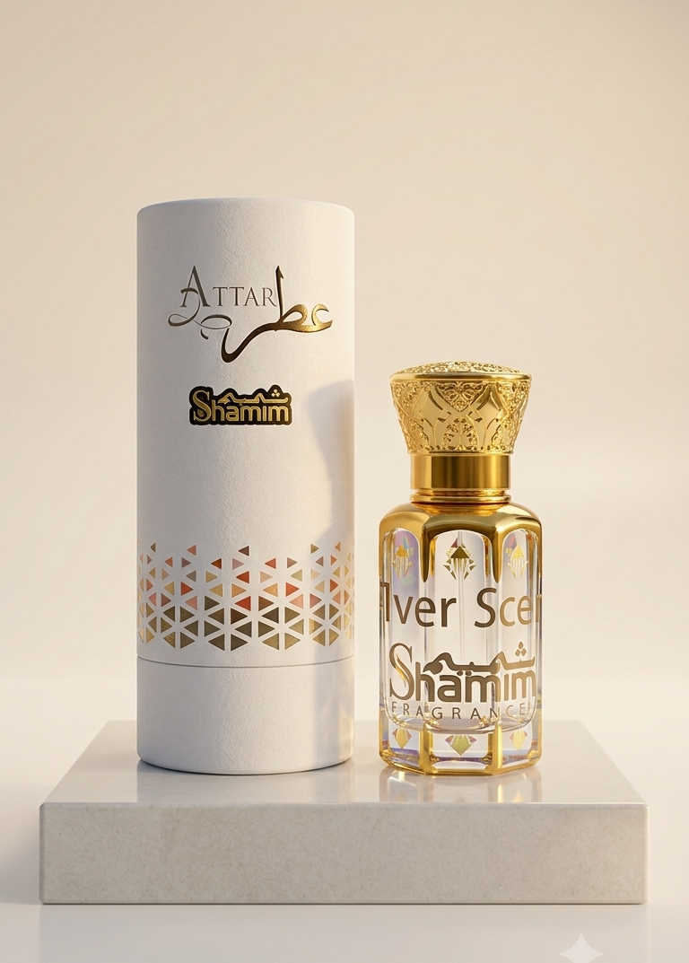 A bottle of Attal Shamim Silver Scent perfume next to its white cylindrical packaging box, both featuring gold lettering and patterns, displayed on a light gray marble block against a warm beige background.