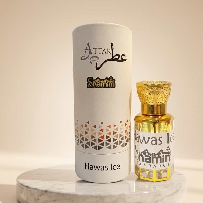 A white cylindrical box labeled 'ATTAR Oman' and 'Hawas Ice' stands beside a small faceted gold perfume bottle with a gold cap on a round white marble pedestal against a warm beige background.