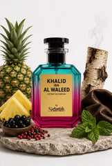 A perfume bottle labeled 'KHALID IBN AL WALEED EXTRAIT DE PARFUM' by Shammim, styled with pineapple, birch wood, berries, mint, and brown fabric on a stone slab against a white background.