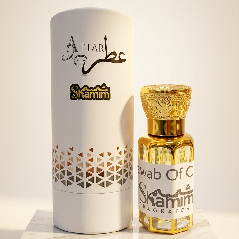 A bottle of Attar Shammim perfume oil with a gold cap next to its white cylindrical packaging box, displayed on a white marble block against a warm beige background.