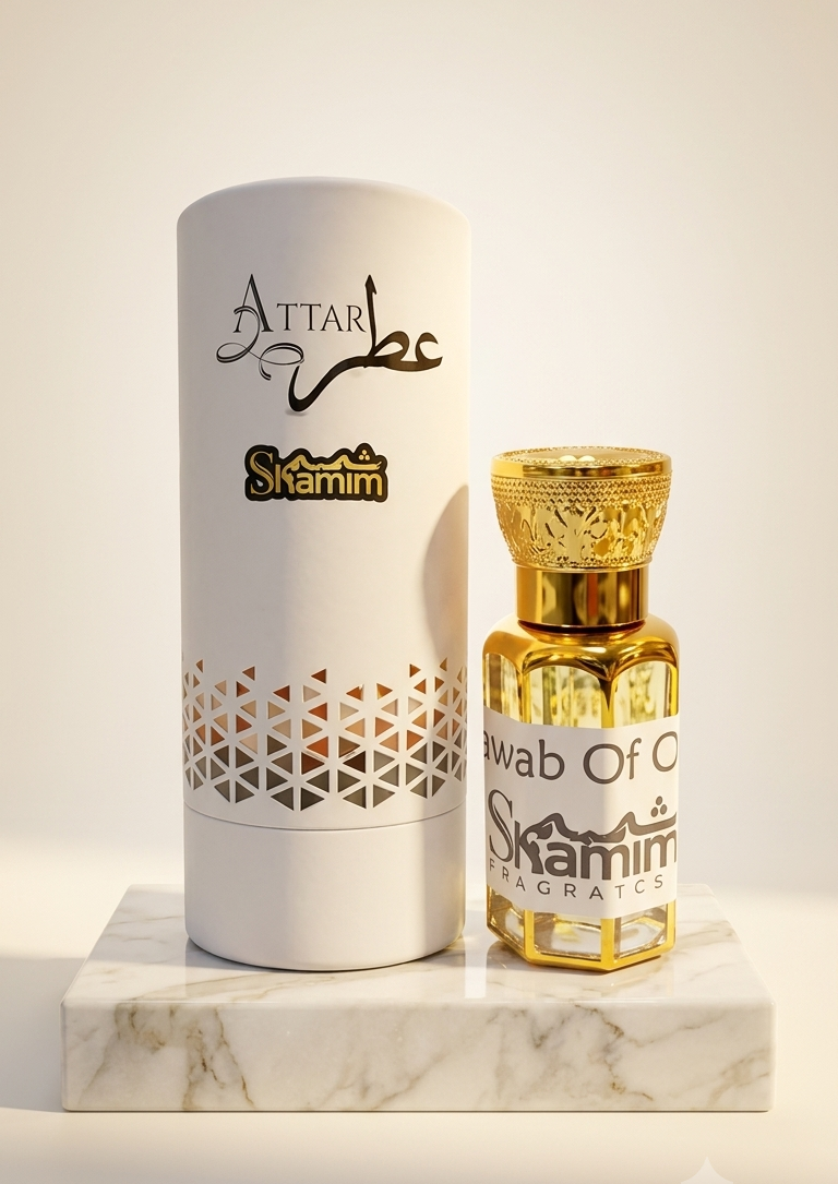 A bottle of Attar Shammim perfume oil with a gold cap next to its white cylindrical packaging box, displayed on a white marble block against a warm beige background.