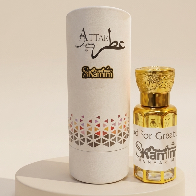 A cylindrical white perfume box with Arabic script and a small gold perfume bottle beside it, displayed on a round beige pedestal against a warm beige background. The bottle is labeled Skamim.