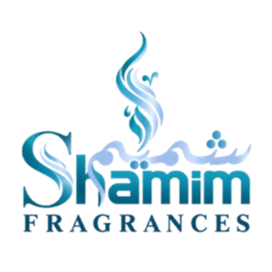 The logo for Shamim Fragrances, featuring stylized blue and white wave-like graphics above the brand name on a plain white background.